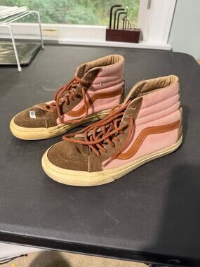Vans Sk8-Hi High Top Womens 7 Mens 5.5 Pink Brown Suede Canvas Skate Shoes